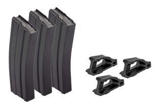 Three black 30-round AR-15 magazines with Magpul Ranger Plates.